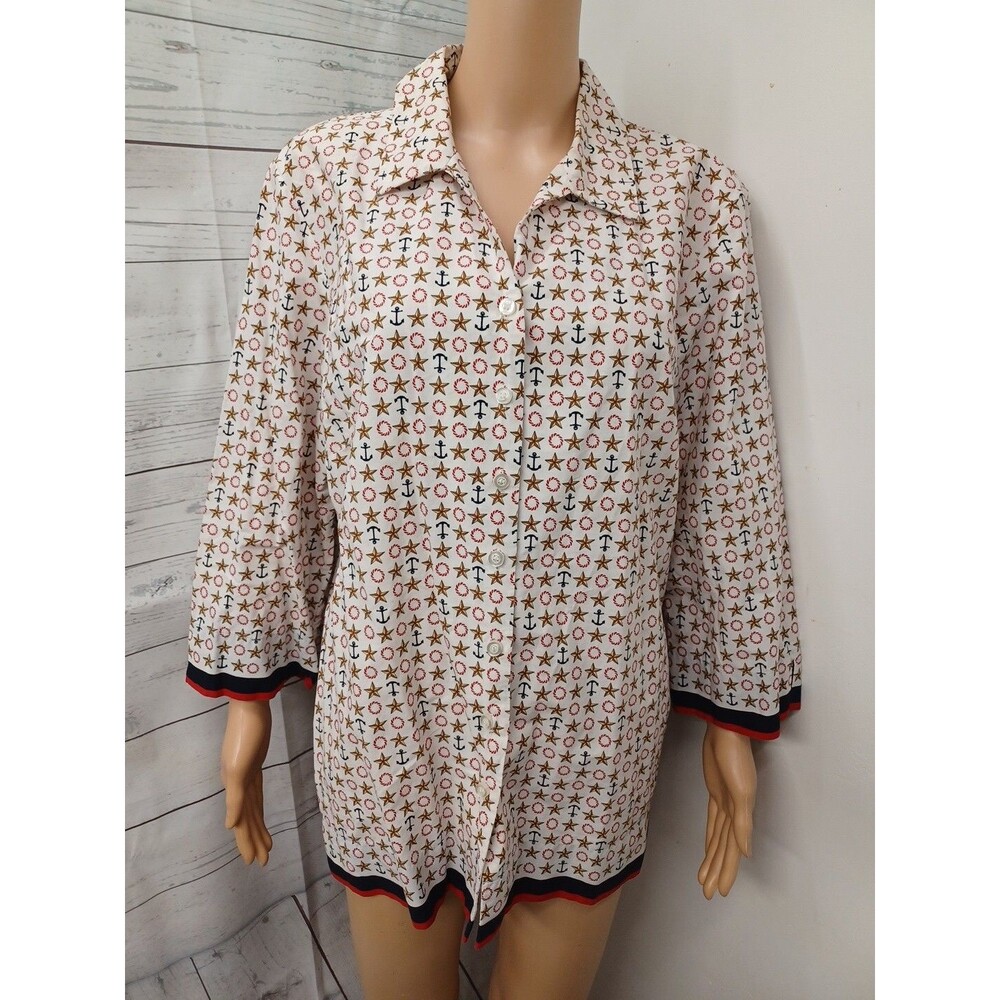 Koret Womens White Shirt Button Front Long Sleeve Sz XL Anchor Nautical
